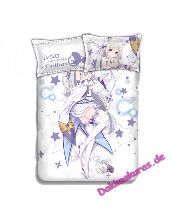 Emilia - Re Zero Anime 4 Pieces Bettwäsche-Sets, Bettlaken Bettbezug mit Kissenbezüge