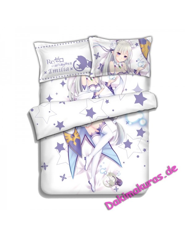Emilia - Re Zero Anime 4 Pieces Bettwäsche-Sets, Bettlaken Bettbezug mit Kissenbezüge