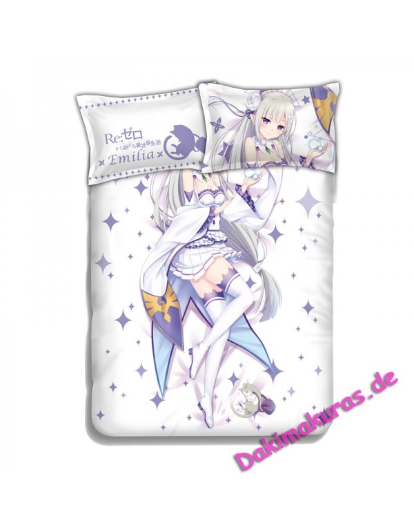 Emilia - Re Zero Anime 4 Pieces Bettwäsche-Sets, Bettlaken Bettbezug mit Kissenbezüge