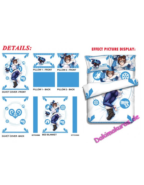 Mei - Overwatch Anime 4 Pieces Bettwäsche-Sets, Bettlaken Bettbezug mit Kissenbezüge