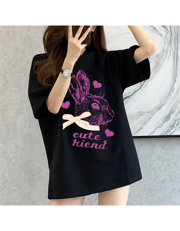 Big Cute Rabbit black Kurzarm-T-Shirts für Damen ...