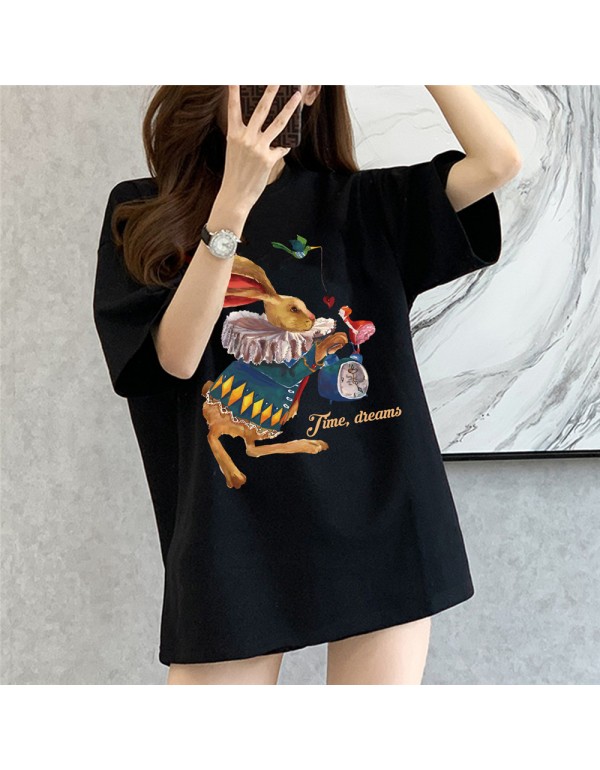 Time Dream Rabbit black Kurzarm-T-Shirts für Damen und Herren, modisch bedruckte japanische Luxus-Tops