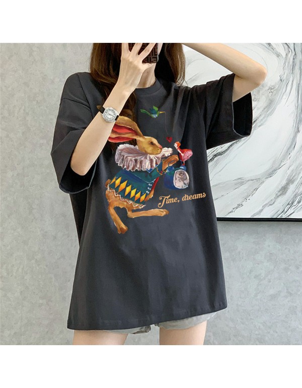 Time Dream Rabbit grey Kurzarm-T-Shirts für Damen und Herren, modisch bedruckte japanische Luxus-Tops