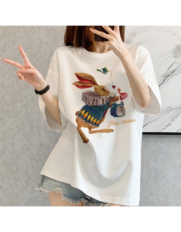 Time Dream Rabbit white Kurzarm-T-Shirts für Dame...