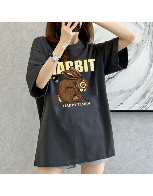 Happy Time Rabbit grey Kurzarm-T-Shirts für Damen...